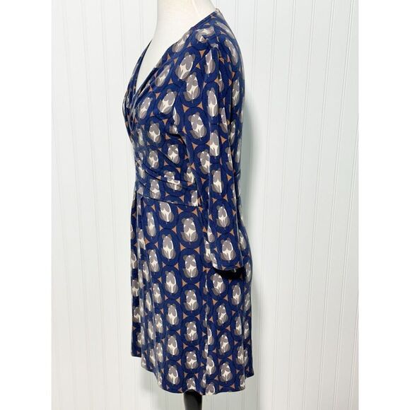 Boden Women's Geometric Print V Neck Ruched Midi Dress Long Sleeve Blue Size 10‎ - Picture 10 of 11